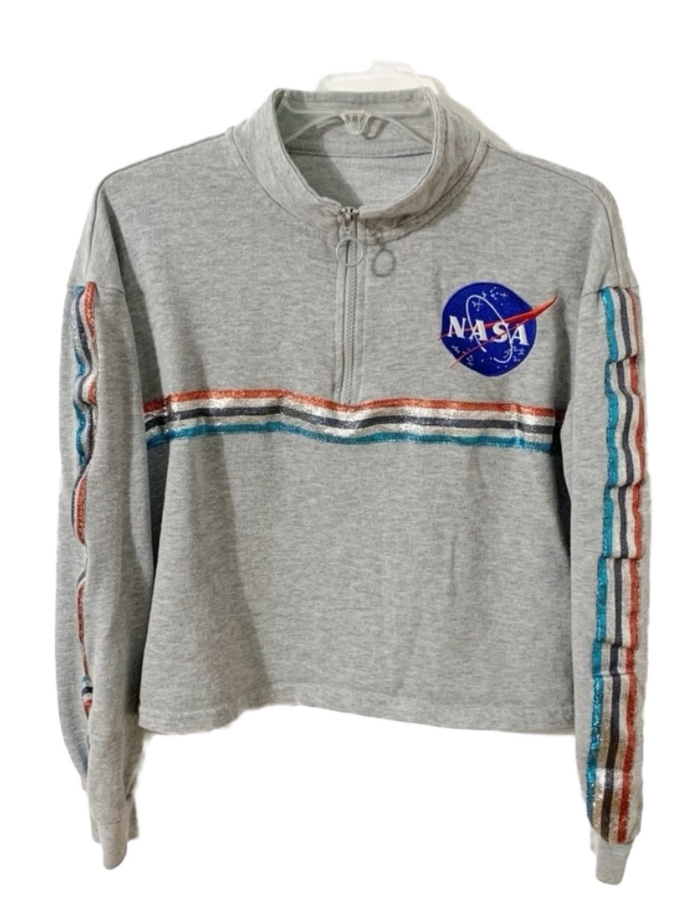 Freeze NASA Multi Colored Glittery Stripes Quarter Zip Pullover Gray Sweatshirt